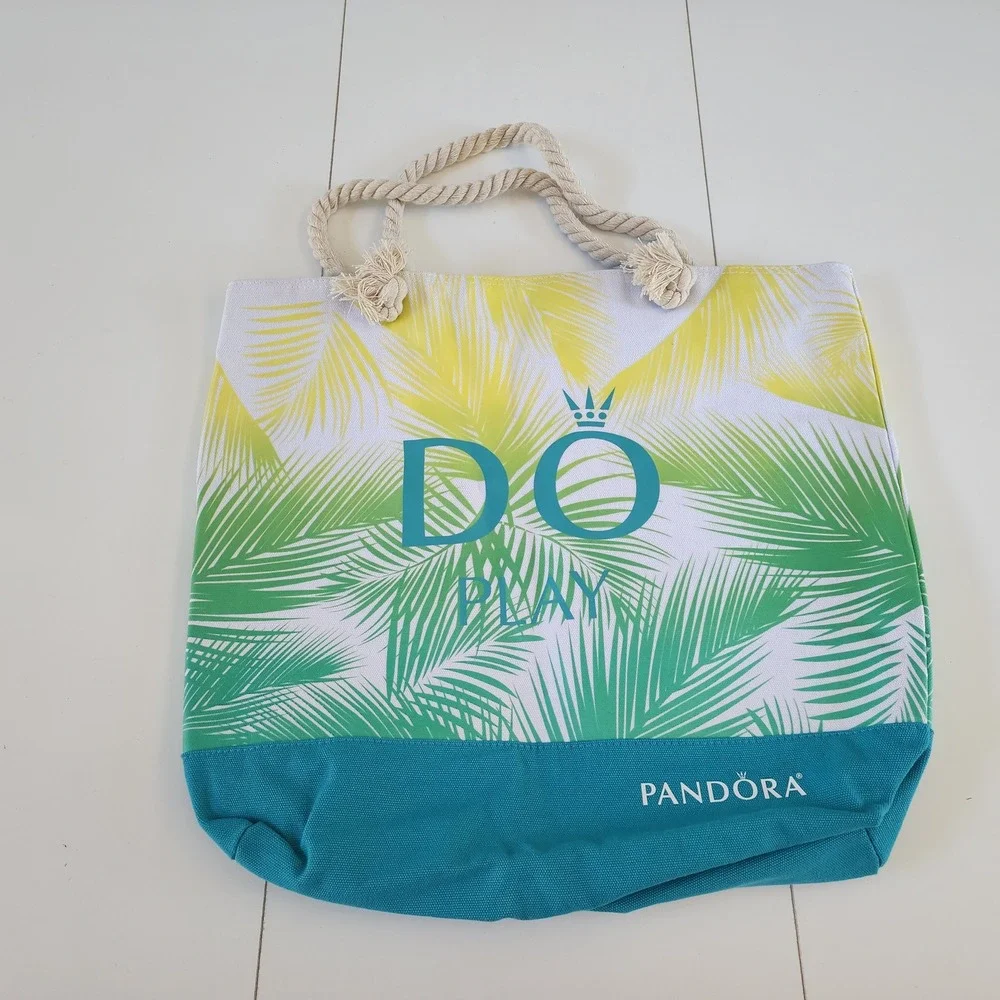 Pandora DO Play Tropical Palm Leaf Canvas Tote Bag Teal Green Yellow Rope Handle
